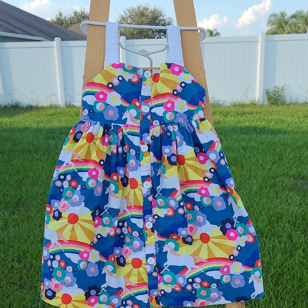 Mini Boden Adorable Kids Sleeveless Blue Dress with Unicorn and Rainbow Print.